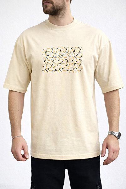 caddekombin Men's Abstract Linear Design Crew Neck Beige T-Shirt