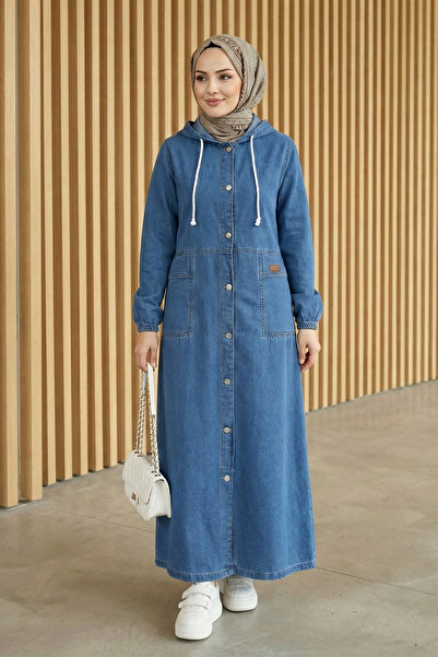 Kirazgym Women's Buttoned Hooded and Folded Pocket Denim Cap in Blue