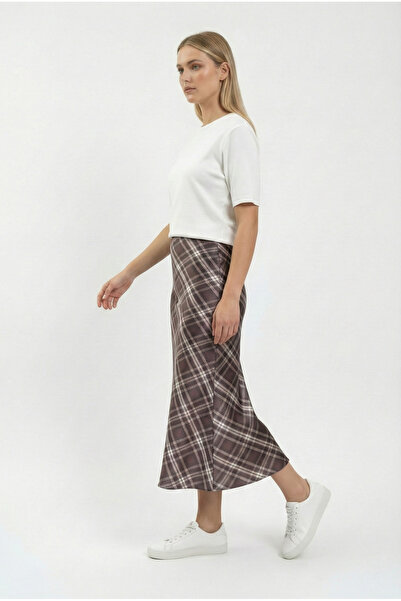Qu Style Midi Length Brown Plaid Satin Skirt