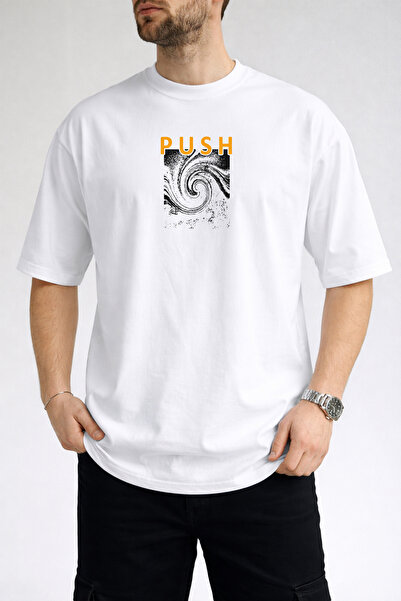 caddekombin تي شيرت أبيض برقبة دائرية وطباعة نصية منقوشة للرجال من Vortex