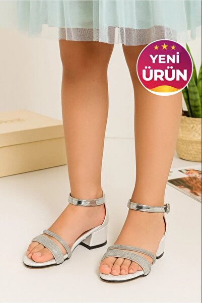 Rose Kız Çocuk Üç Bant Taşlı Gümüş Abiye Ayakkabı