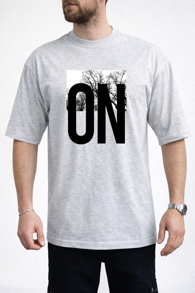 caddekombin Men's Nature Themed on Text Printed Crew Neck Gray T-Shirt