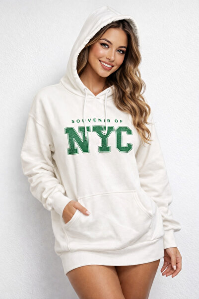NİDİBAY سويت شيرت نسائي كبير الحجم SOUVENIR OF NYC باللون الأبيض - هودي، 3 خي...