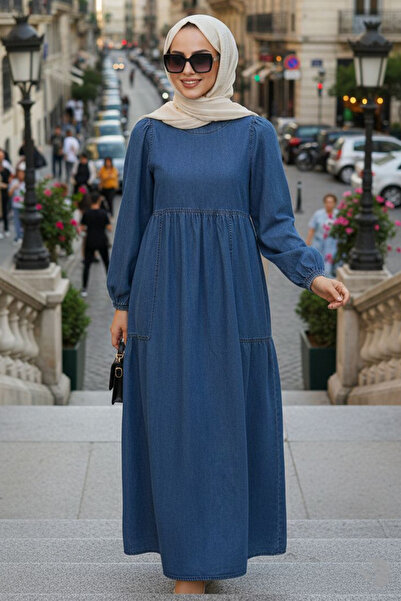 N.S NEVA STYLE Denim Dark Blue Hijab Dress with Pockets 19122Km