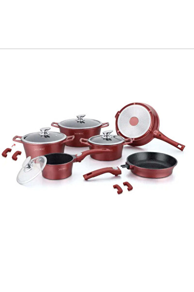 dealshopromania Royalty Line 14 Piece Saucepan Set Marble Coating, Cherry Pre...