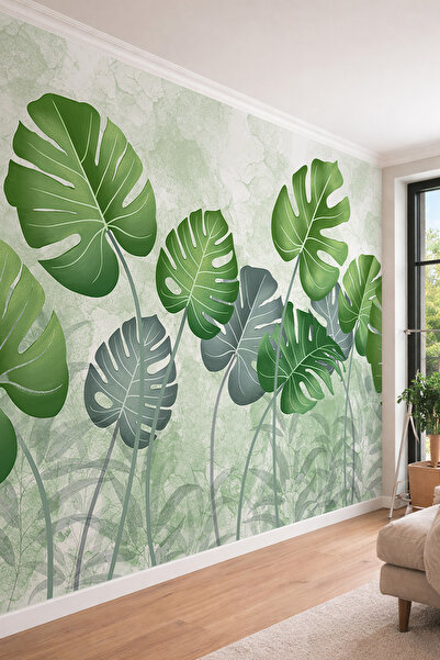 dreamwall Dev Monstera Yaprak Desenli Modern Yeşil ve Beyaz Tonlu Tek Parça T...