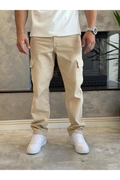 ECARTS Men's Baggy Fit Denim Cargo Trousers Beige Eca038