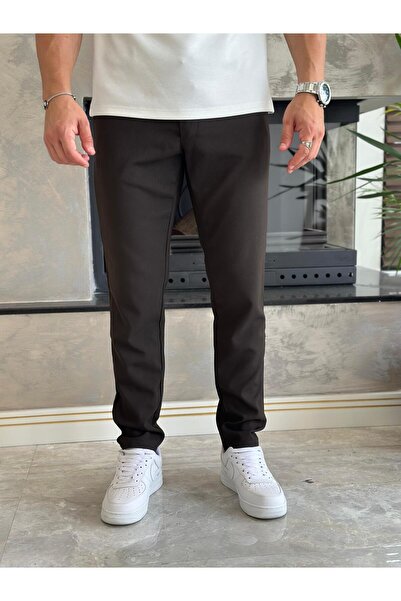 ECARTS Men's Slim Fit Fabric Trousers with Elastic Waist Brown Eca040