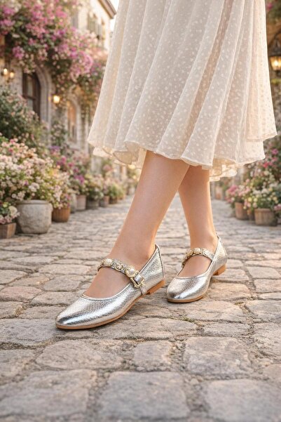 MODAONN حذاء باليرينا نسائي ذهبي اللون بنمط جلد التمساح