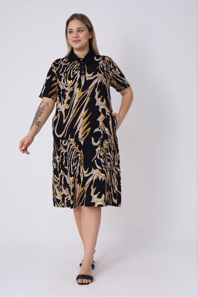 STELLETO Rochie de vară țesută cu mâneci scurte, cu guler cu nasturi și imprimeu