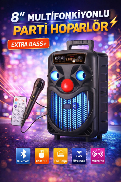 DigiMonster NDR-P66 20W Bluetooth Parti Hoparlörü • 8” Woofer • RGB LED • Kar...