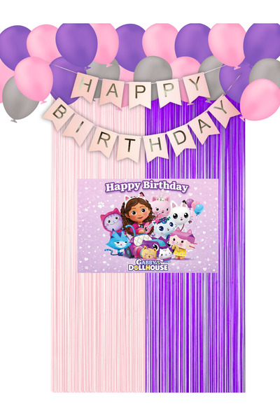 HAPPYLOOPPARTY Gabby Dollhouse Gabby'in Hayal Evi Doğum Günü Perde & İyiki Do...