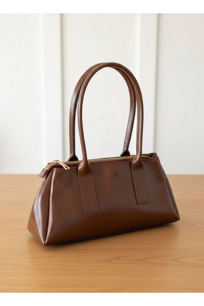 JASECO Kadın Taba Parlak Deri Vintage Baget Kol Çantası Minimalist Tasarım