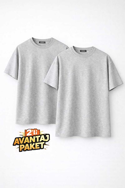 T.trend تي شيرت أساسي باللون الرمادي الفاتح، طقم مكون من قطعتين، قماش قطني، م...