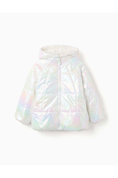 Ziddy Reversible quilted jacket with hood for girls, iridescent/beige