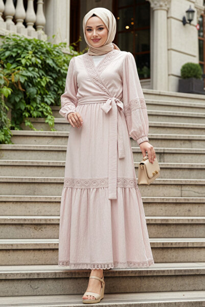 N.S NEVA STYLE Lace Detailed Beige Hijab Skirt Double Set 40201Bej