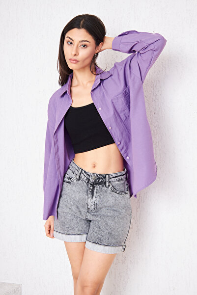 comstar قميص تونيك نسائي باللون الأرجواني بأكمام عصرية وأزرار وجيب