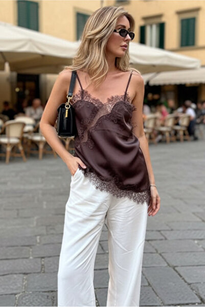 solena sln Bluză de damă din satin asimetrică, maro amar, cu detalii din dantelă