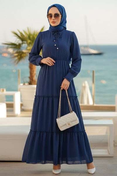 N.S NEVA STYLE Pleated Navy Blue Hijab Dress 6268L