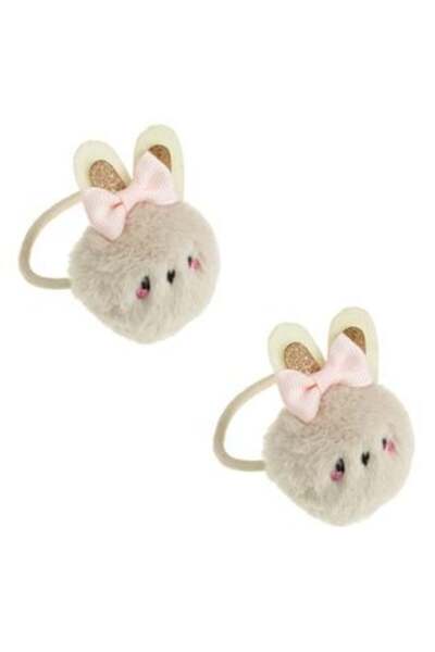 SHOPIENS Elastic de păr cu pompon de iepuraș bej cu sclipici auriu - 2 buc