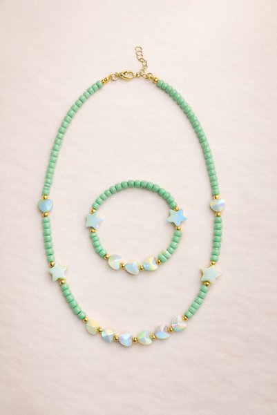Moonbelle Girl's Heart Green Bead Necklace Bracelet Set |   Birthday Gift Jewelry