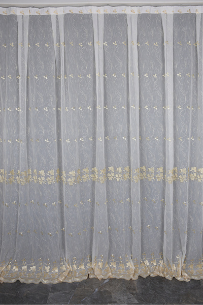 AKÇA TEKSTİL Embroidery 12 Models Cream Color Single Wing Ready-Made Pleated ...