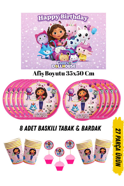 HAPPYLOOPPARTY Gabby Dollhouse Temalı Gabby'in Hayal Evi Doğum Günü Tabak , B...