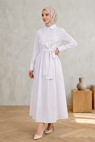Kirazgym Tie-Waist Shirt Collar Dress with Cross Buttons - White
