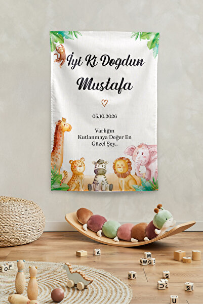 Vagonik Kişiye Özel Safari Temalı Doğum Günü Happy Birthday Duvar Örtüsü Duva...