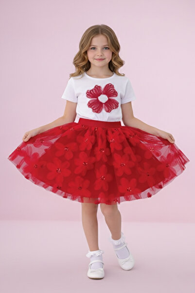 FATELLA Girl's Red Floral Tulle Skirt and Embroidered T-Shirt Set April 23 Oc...