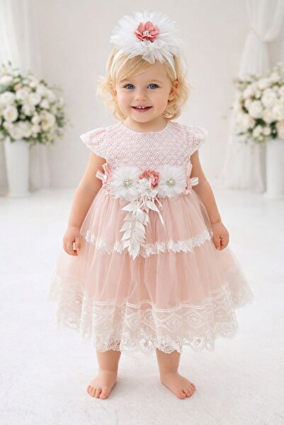 SÜSLÜ PİNK KİDS فستان طفلة مولودة حديثًا، فستان زفاف من الدانتيل الفرنسي
