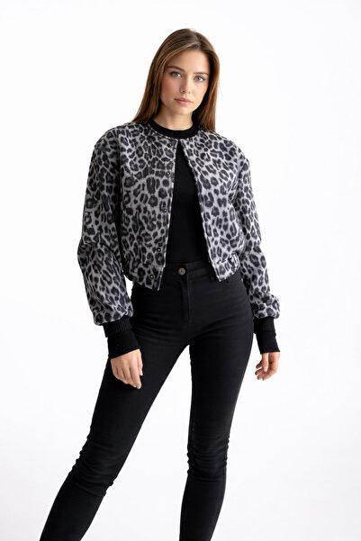 SeninOlsun Gri Leopar Kaşe Ceket