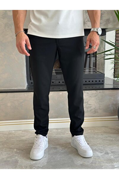 ECARTS Men's Slim Fit Fabric Trousers with Elastic Waist Black Eca040