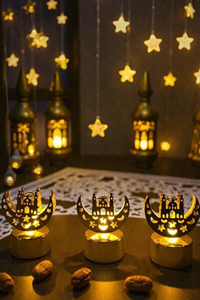 peanelife Ramazan Dekoratif LED Mum 3’lü Set – Ay Yıldız ve Cami Silüetli Pil...
