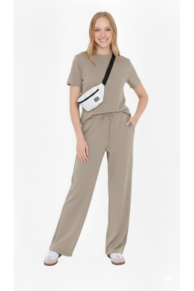 THIFF GYMWEAR Beige Women's Modal Fabric Short Sleeve Tracksuit Set