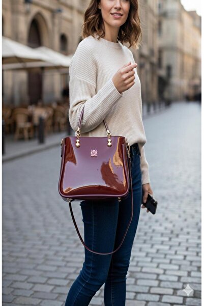 Shoemix Women's Burgundy Patent Leather Hand and Shoulder Bag - Stylish Desig...