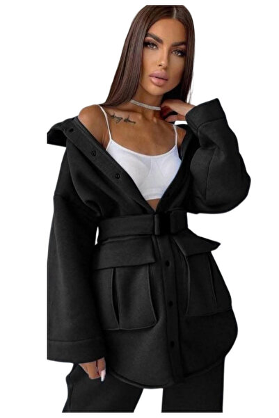 Nobrand Women's 2-piece black set with oversized jacket with belt and casual ...