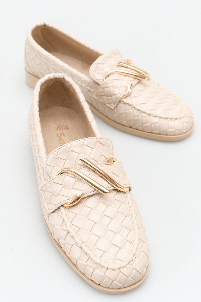 SENASTİL حذاء باليه نسائي أنيق للاستخدام اليومي مع نسيج محبوك وإبزيم ذهبي