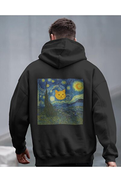 muhtar Yıldızlı Gece Kedi Tasarımlı Siyah Unisex Kapüşonlu Sweatshirt – Sanat...