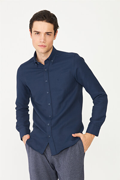 White Stone Navy Blue Buttoned Collar Long Sleeve Shirt Slim Fit