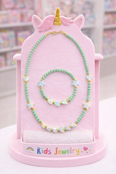 Moonbelle Girl's Heart Green Bead Necklace Bracelet Set |   Birthday Gift Jew...