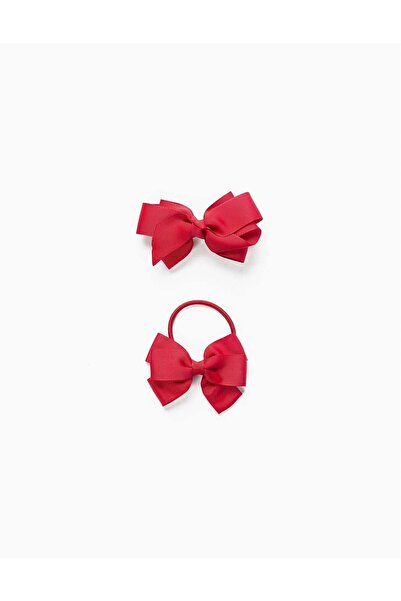 Ziddy مشبكان للشعر + كرتان مزينتان بفيونكة للأطفال والفتيات، أحمر