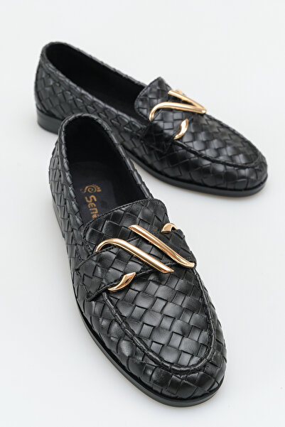 SENASTİL حذاء باليه نسائي أنيق للاستخدام اليومي مع نسيج محبوك وإبزيم ذهبي