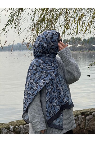 Qalortex Scarf Bamboo Crash Shawl-Labyrinth Pattern-Navy Blue