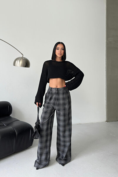 MOZENA Παντελόνι με καρό σχέδιο και ψηλόμεσο φαρδύ μπατζάκι
