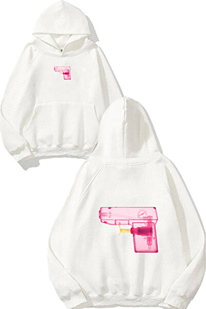 urbvn سويت شيرت أبيض كبير الحجم بطبعة تصميم مسدس وردي