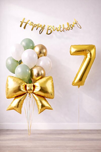 Patladı Gitti Gold Bow 7Th Birthday Balloon Set