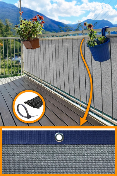 Morilu %95lik Gri Renk BALKON PERDESİ - Lacivert Şeritli Halkalı - Balkon Dem...