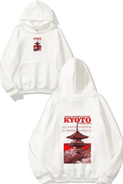 urbvn سويت شيرت أبيض كبير الحجم بطبعة تصميم كيوتو مع قلنسوة