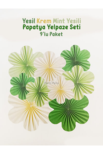 parti pera 9'lu Papatya Yeşil Mint Yeşili Krem Yelpaze Süs